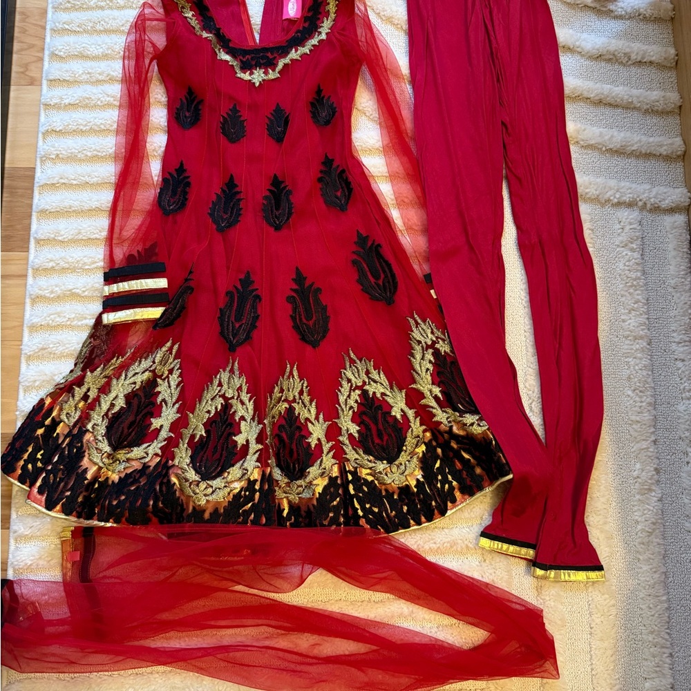 Elegant Red and Black Embroidered Dress with Matching Pants